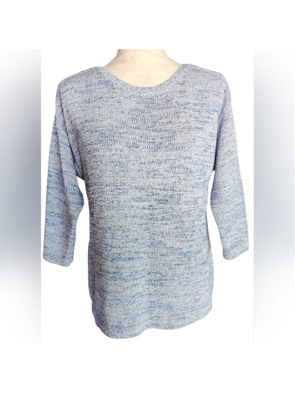 Chico's Blue White Marled Knit Sweater Womens Size 1 US M 8 3/4 Sleeve Cotton